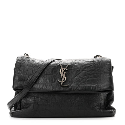 Saint Laurent Calfskin Crocodile Embossed Medium West Hollywood Monogram Fold-Over Grey 1 of 7