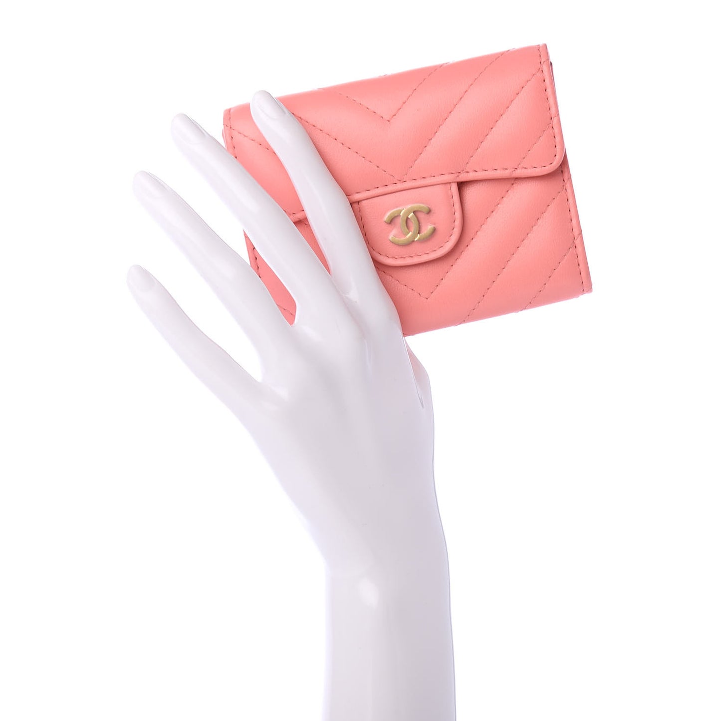 Lambskin Chevron Quilted Flap Card Holder Wallet Coral