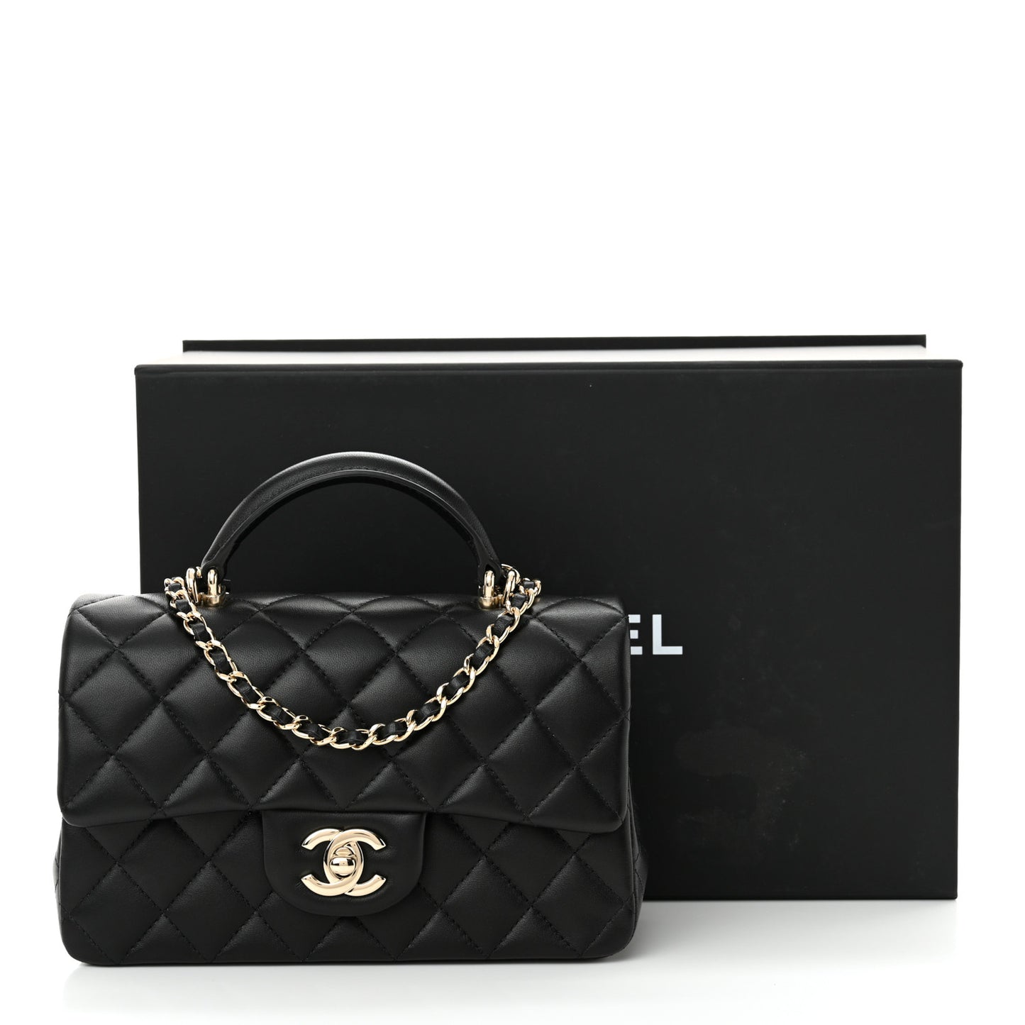 Lambskin Quilted Mini Top Handle Rectangular Flap Black