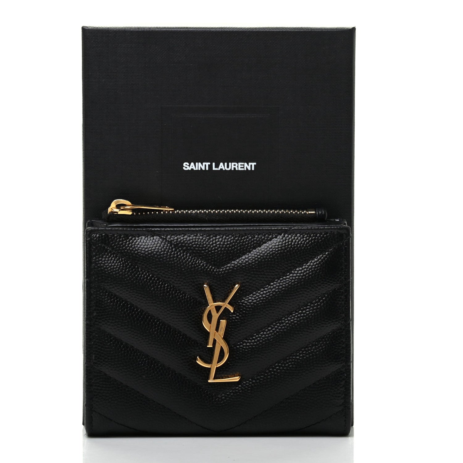 Saint Laurent Grain De Poudre Matelasse Chevron Monogram Zipped Card Case Black 8 of 8