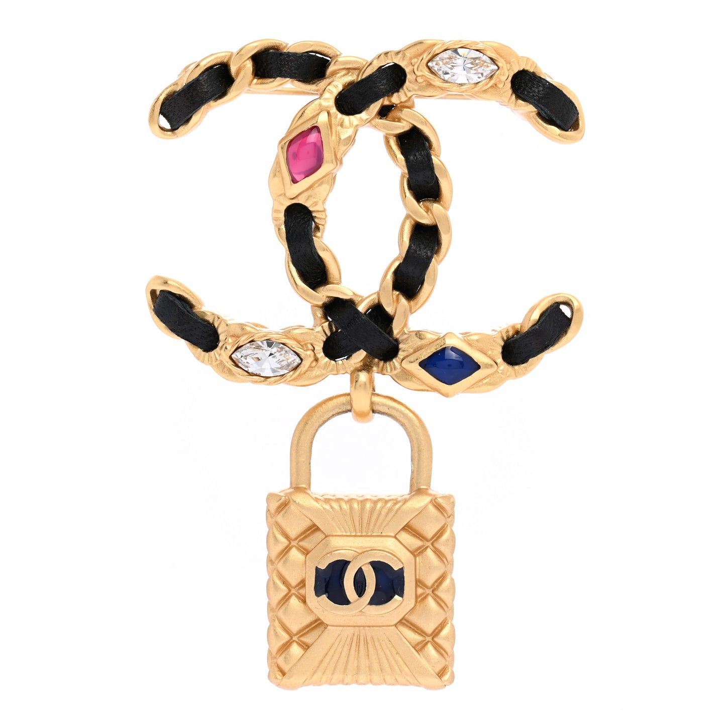 Lambskin Crystal Chain CC Quilted Padlock Brooch Black Gold Multicolor