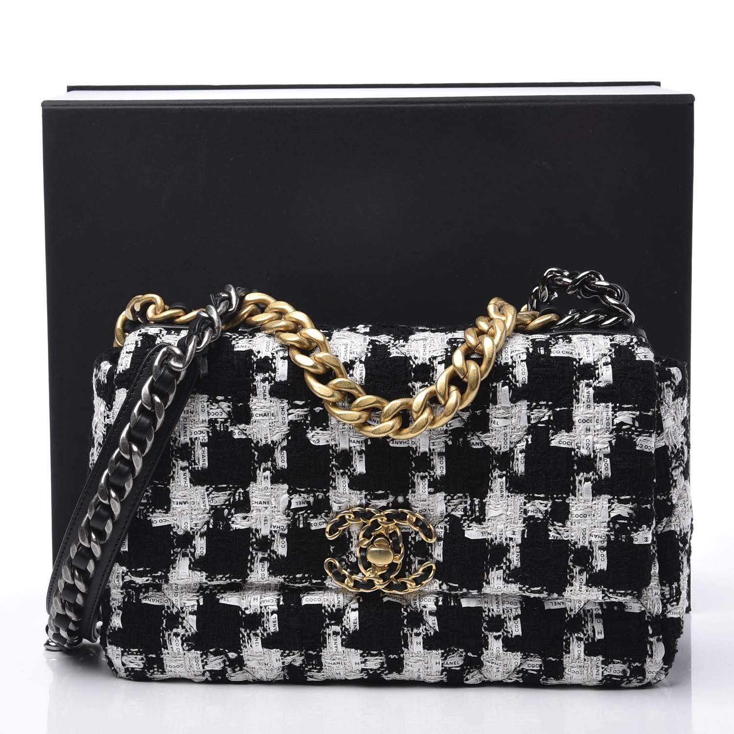 Chanel Tweed Quilted Medium 19 Flap Black Ecru White 9 of 9