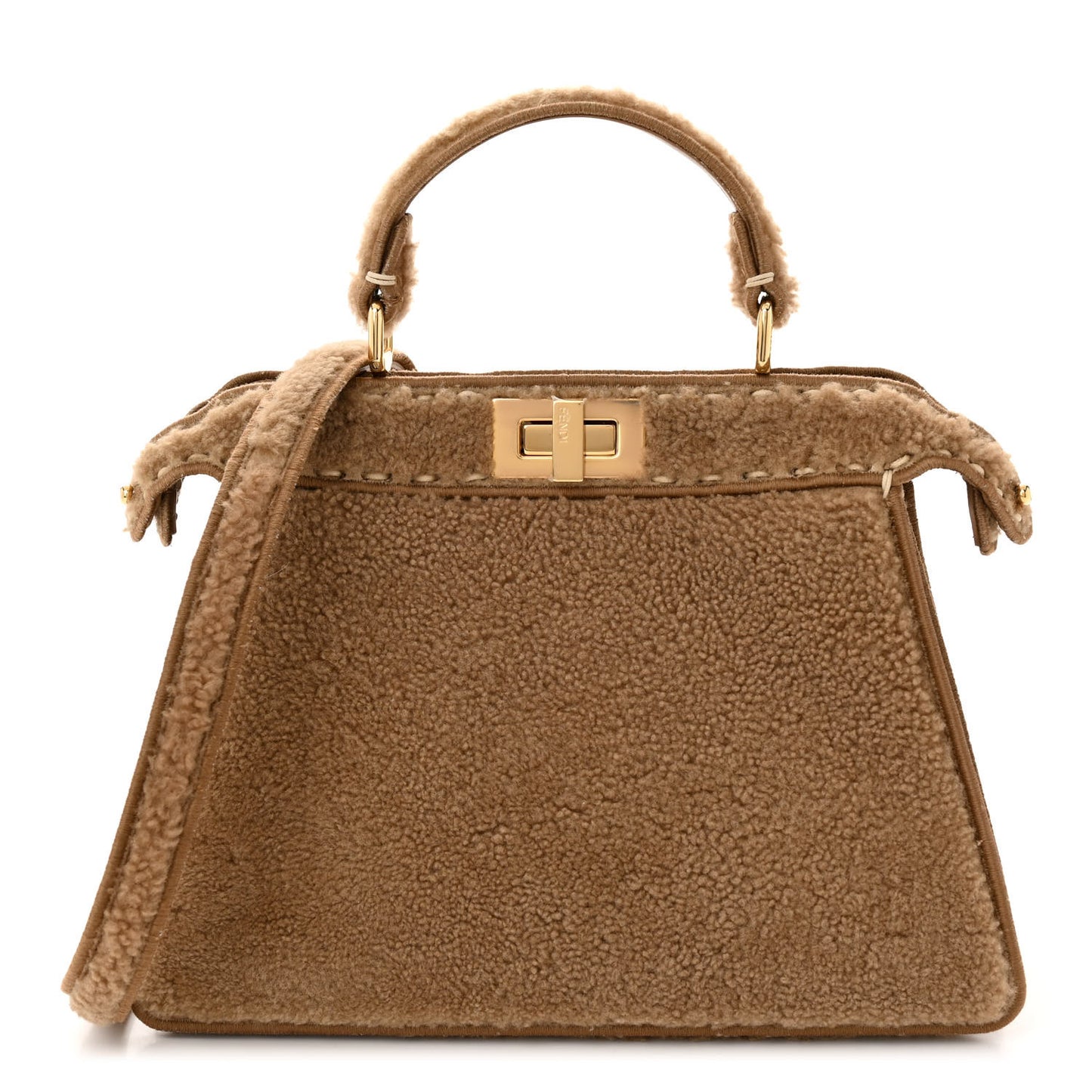 Curly Shearling Shiny Nappa Small Peekaboo I SEE U Satchel Camel