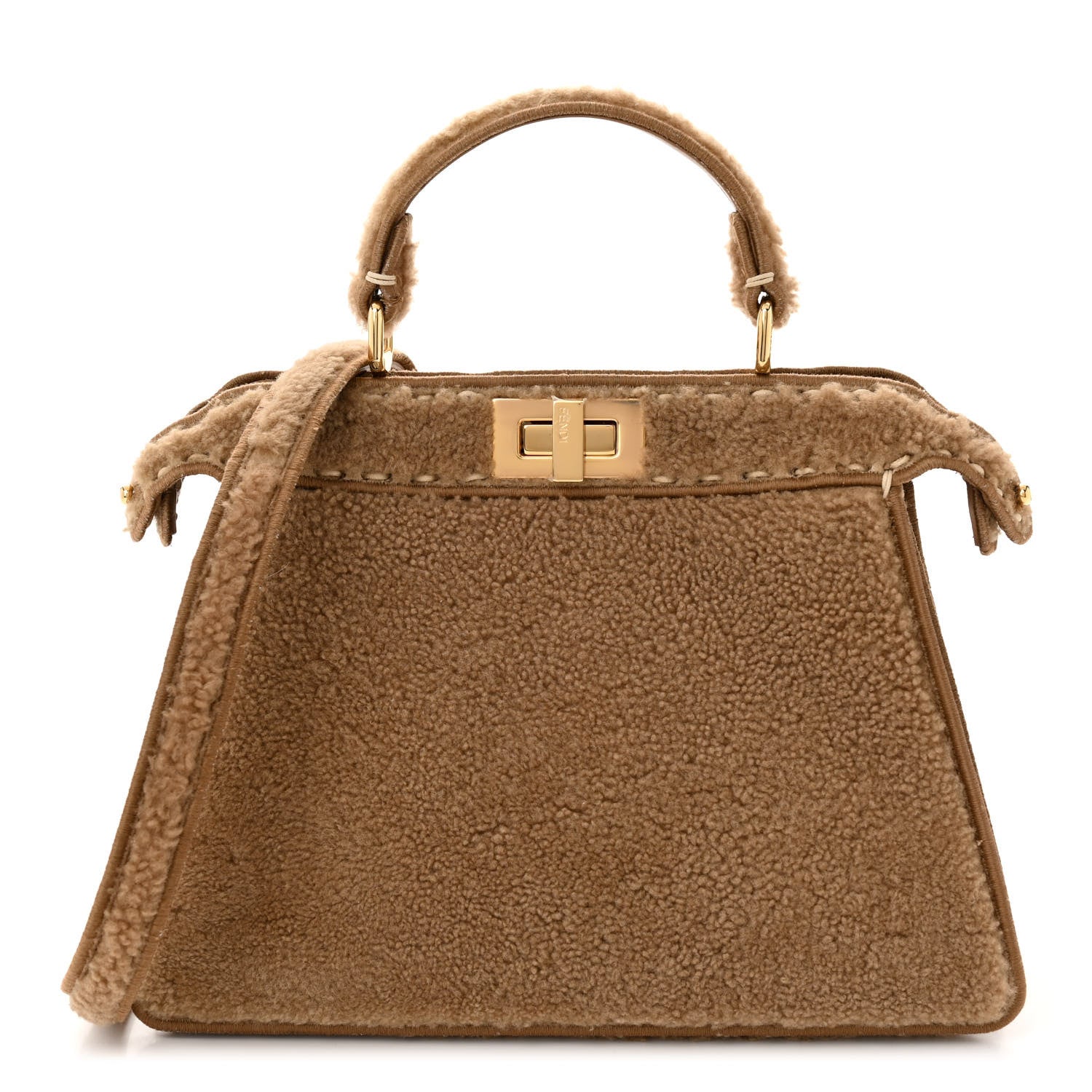 Fendi Curly Shearling Shiny Nappa Small Peekaboo I SEE U Satchel Camel 1 of 11