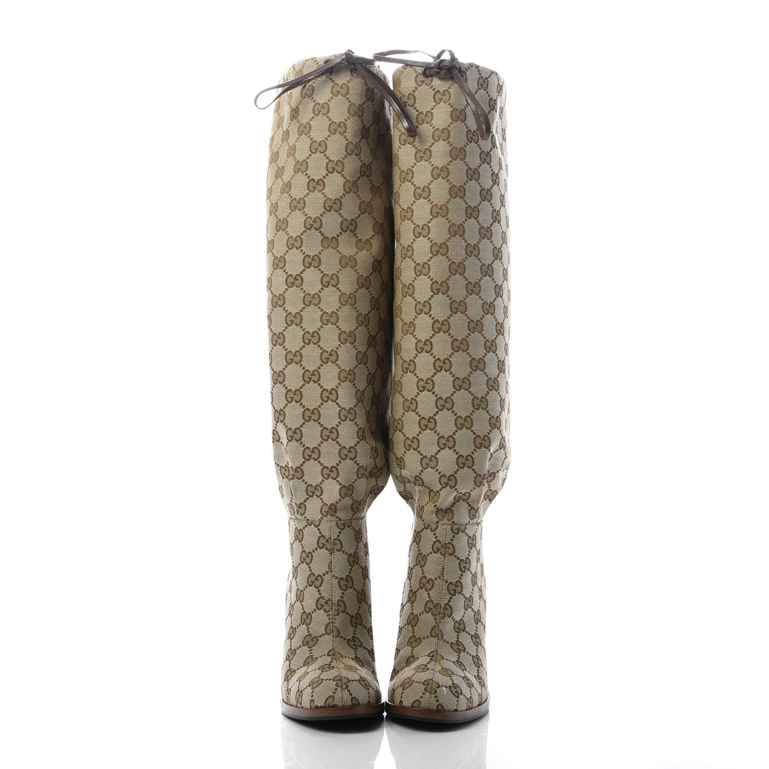 Gucci Monogram Lisa Mid Heel Boots 37.5 Beige Ebony 2 of 9