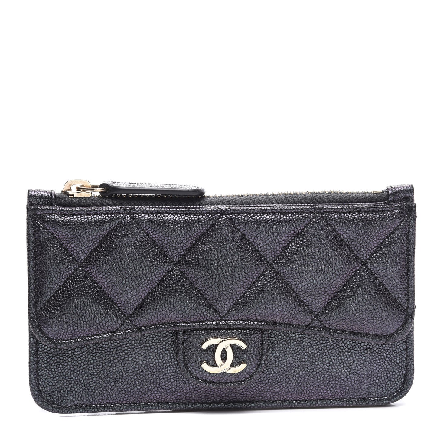 Iridescent Caviar Quilted Flap Zip Card Holder Black