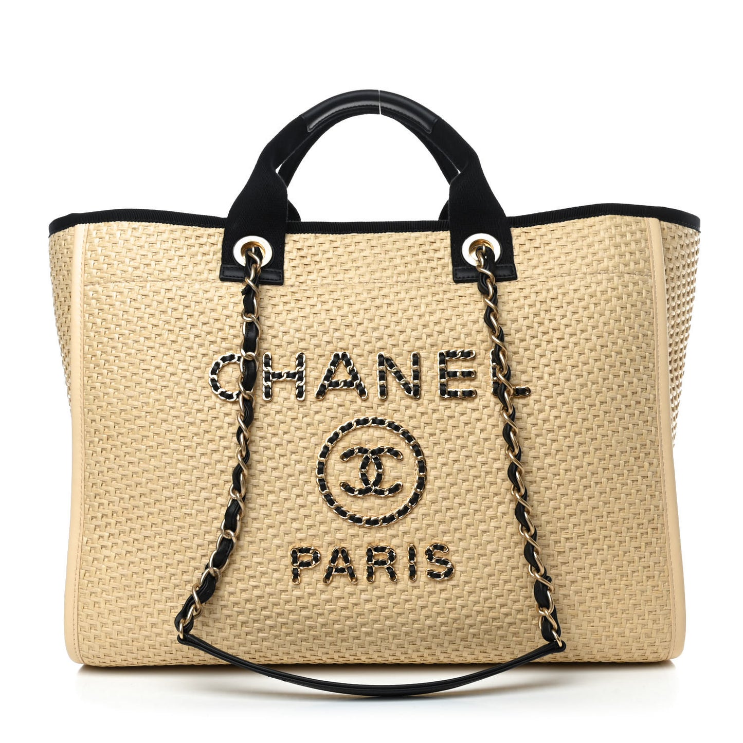 Straw Raffia Calfskin Chain Medium Deauville Tote Beige Black