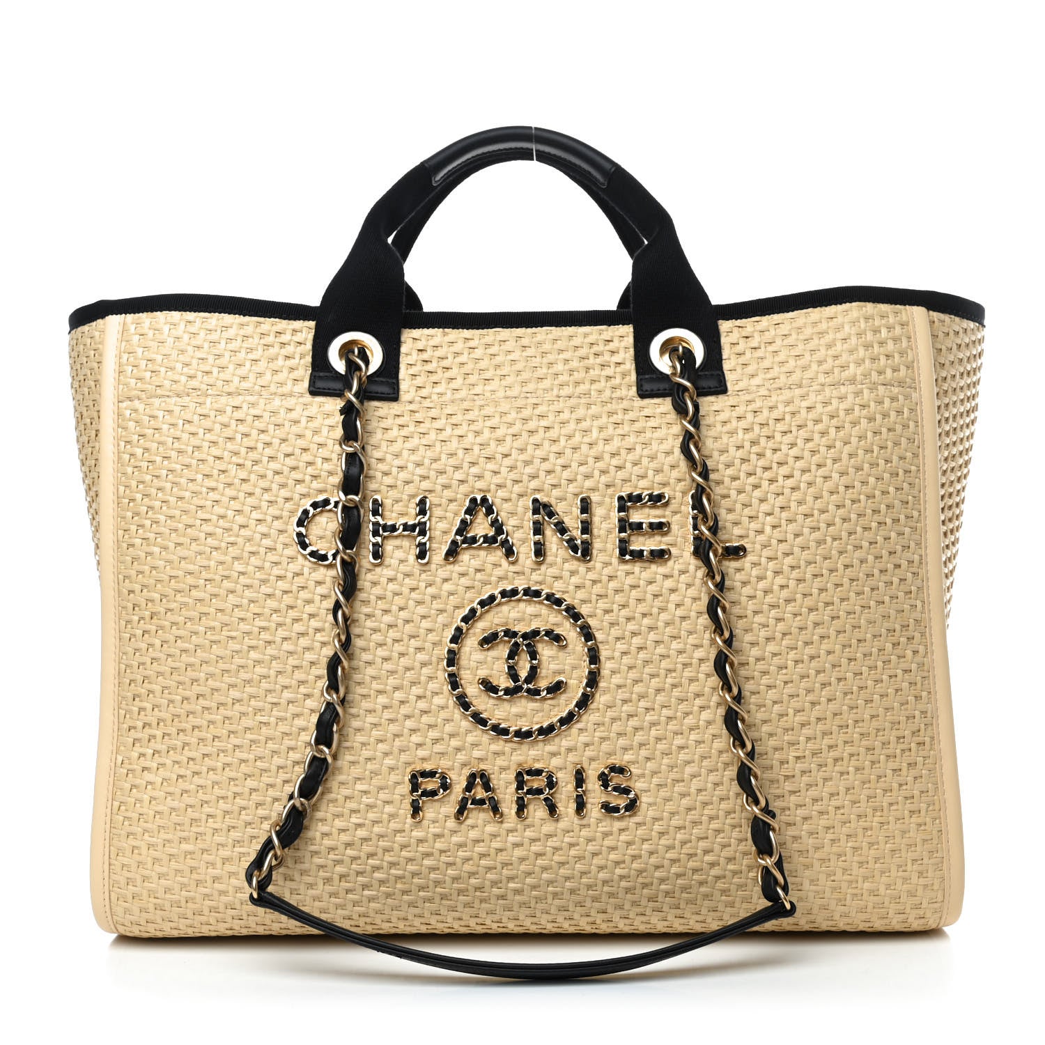 Chanel Straw Raffia Calfskin Chain Medium Deauville Tote Beige Black 1 of 10
