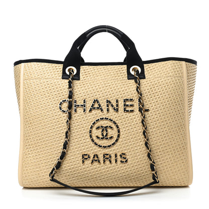Chanel Straw Raffia Calfskin Chain Medium Deauville Tote Beige Black 1 of 10