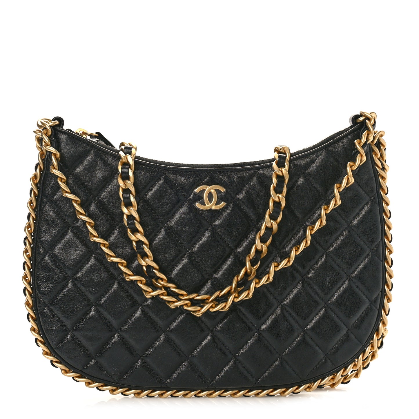Shiny Crumpled Lambskin Quilted Large Trendy Chain Around Hobo Black