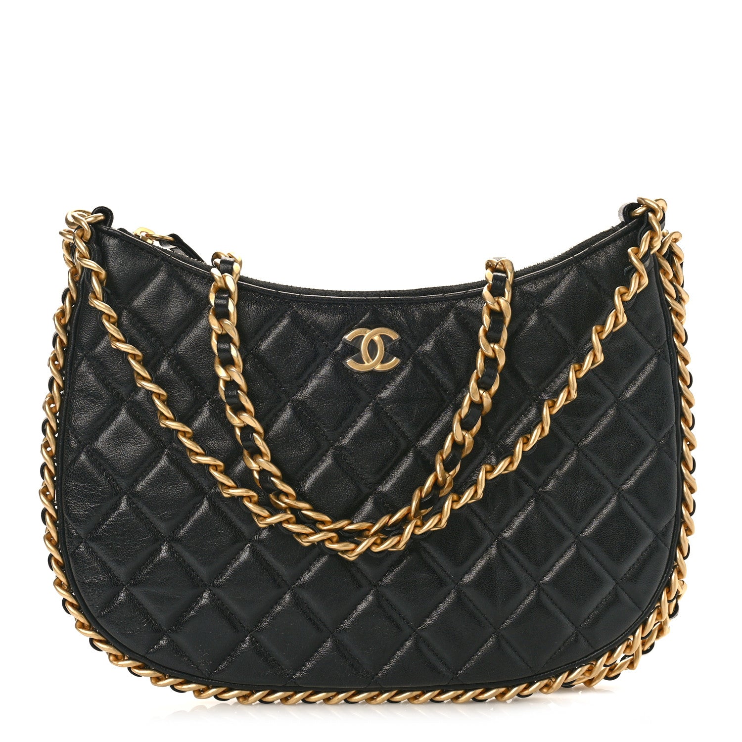 Chanel Shiny Crumpled Lambskin Quilted Large Trendy Chain Around Hobo Black 1 of 9