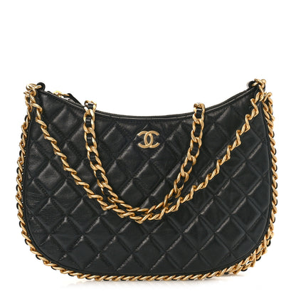 Chanel Shiny Crumpled Lambskin Quilted Large Trendy Chain Around Hobo Black 1 of 9
