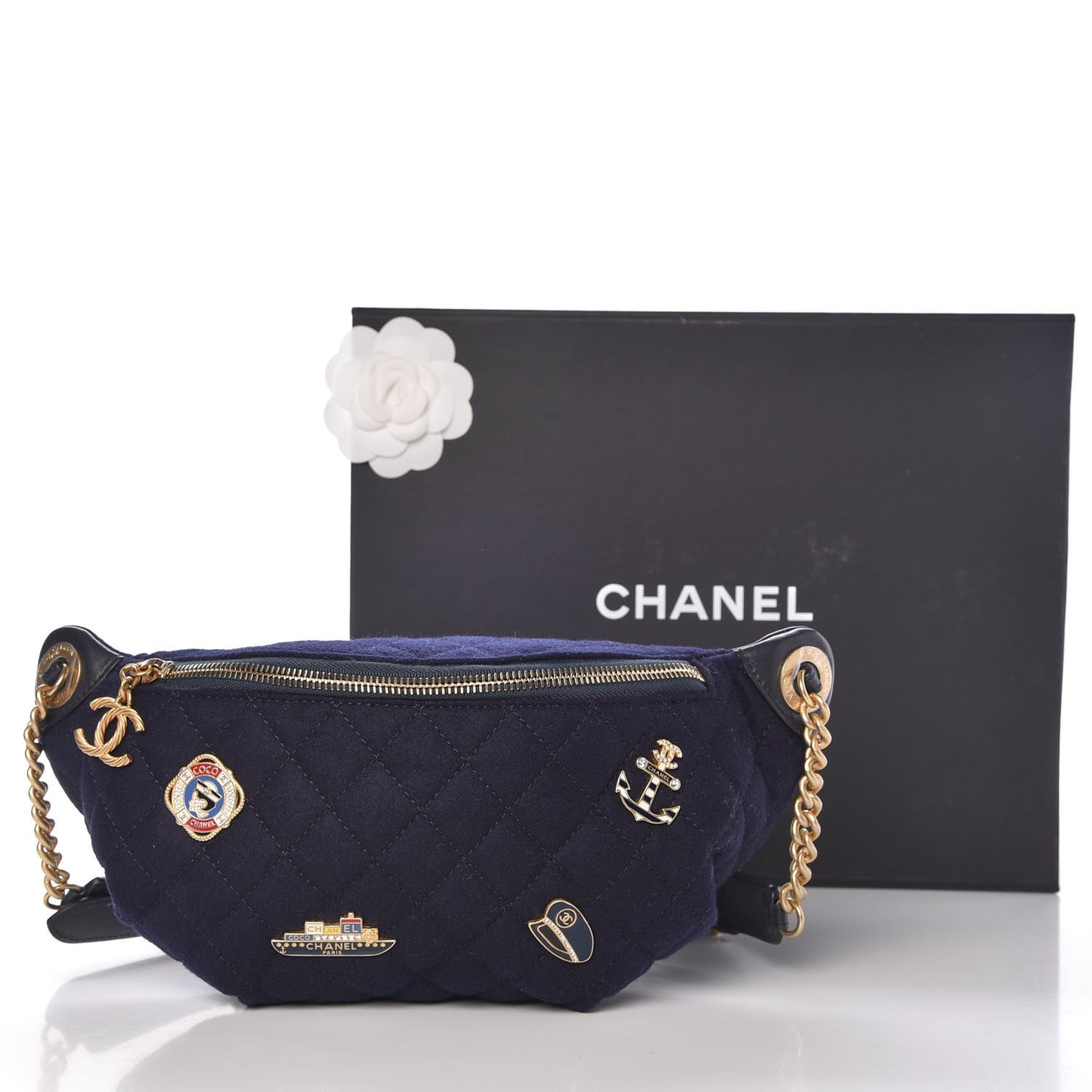 Wool Lambskin Quilted Paris Hamburg Charms Waist Bag Dark Navy