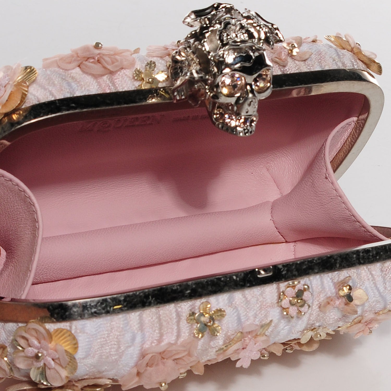 Alexander McQueen Flower Appliqued Silk Brocade Skull Box Clutch Pink 7 of 8