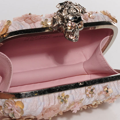 Alexander McQueen Flower Appliqued Silk Brocade Skull Box Clutch Pink 7 of 8