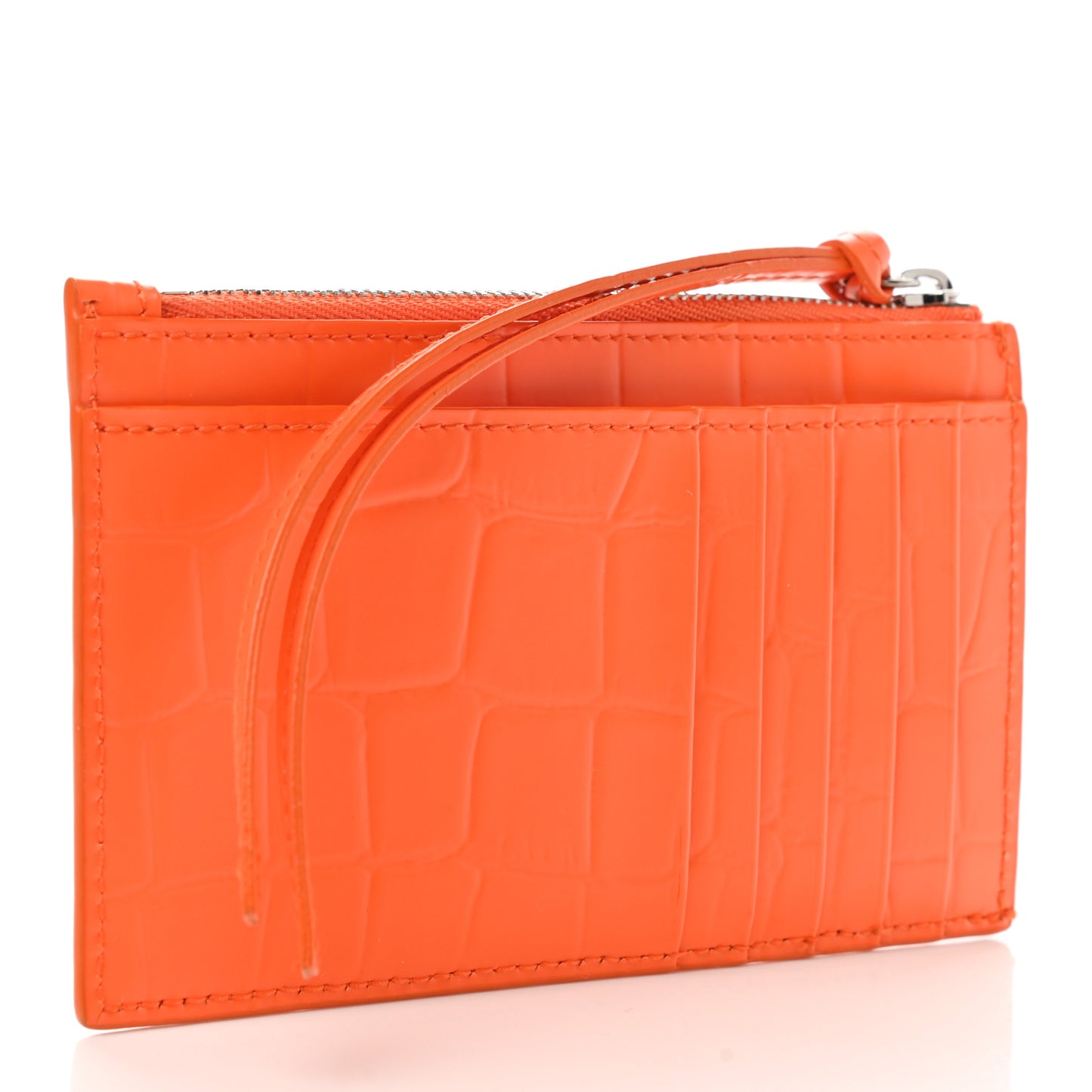 Semi Shiny Calfskin Crocodile Embossed Neo Classic Silver Hardware Long Coin Case Card Holder Orange