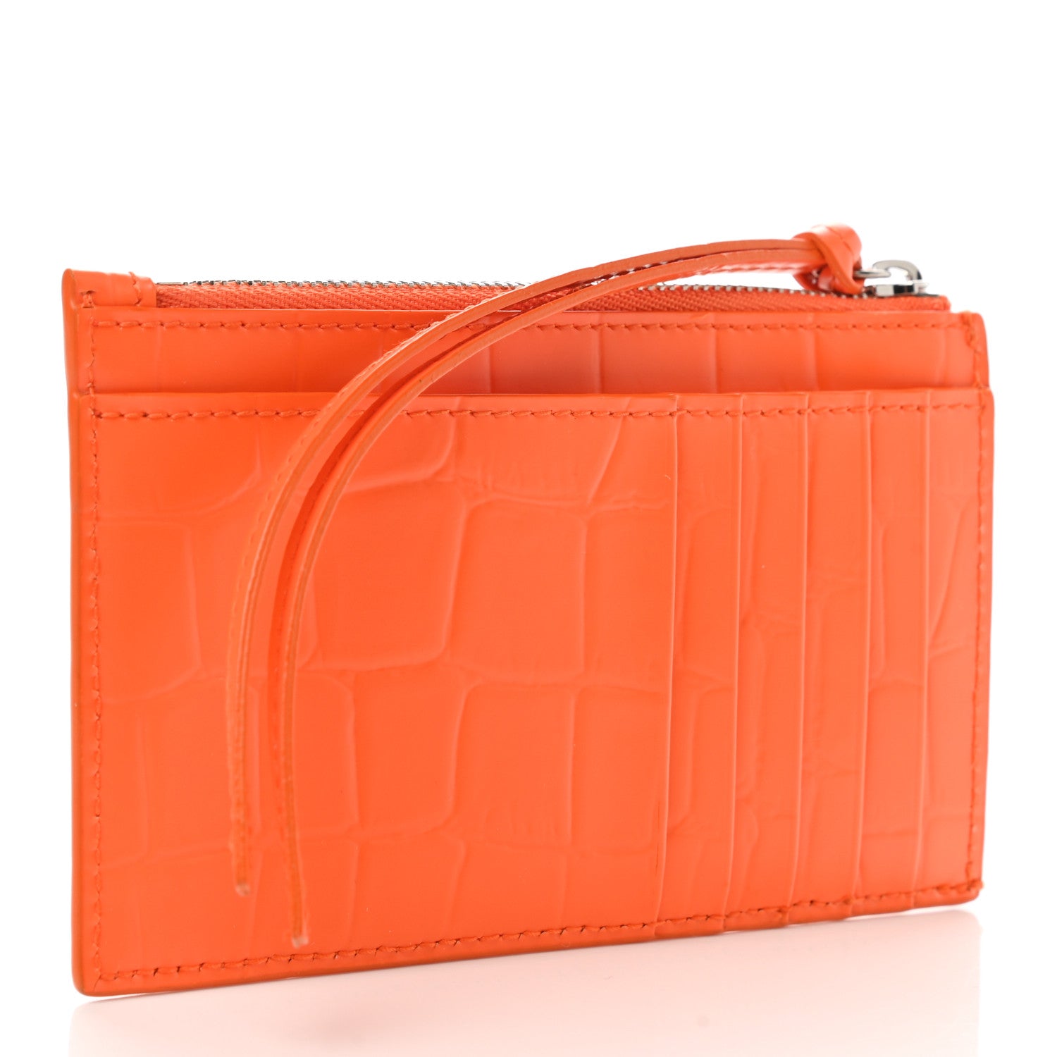 Balenciaga Semi Shiny Calfskin Crocodile Embossed Neo Classic Silver Hardware Long Coin Case Card Holder Orange 3 of 8