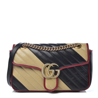 Gucci Vintage Effect Calfskin Matelasse Diagonal Striped Small Torchon GG Marmont Shoulder Bag Black Beige 1 of 9
