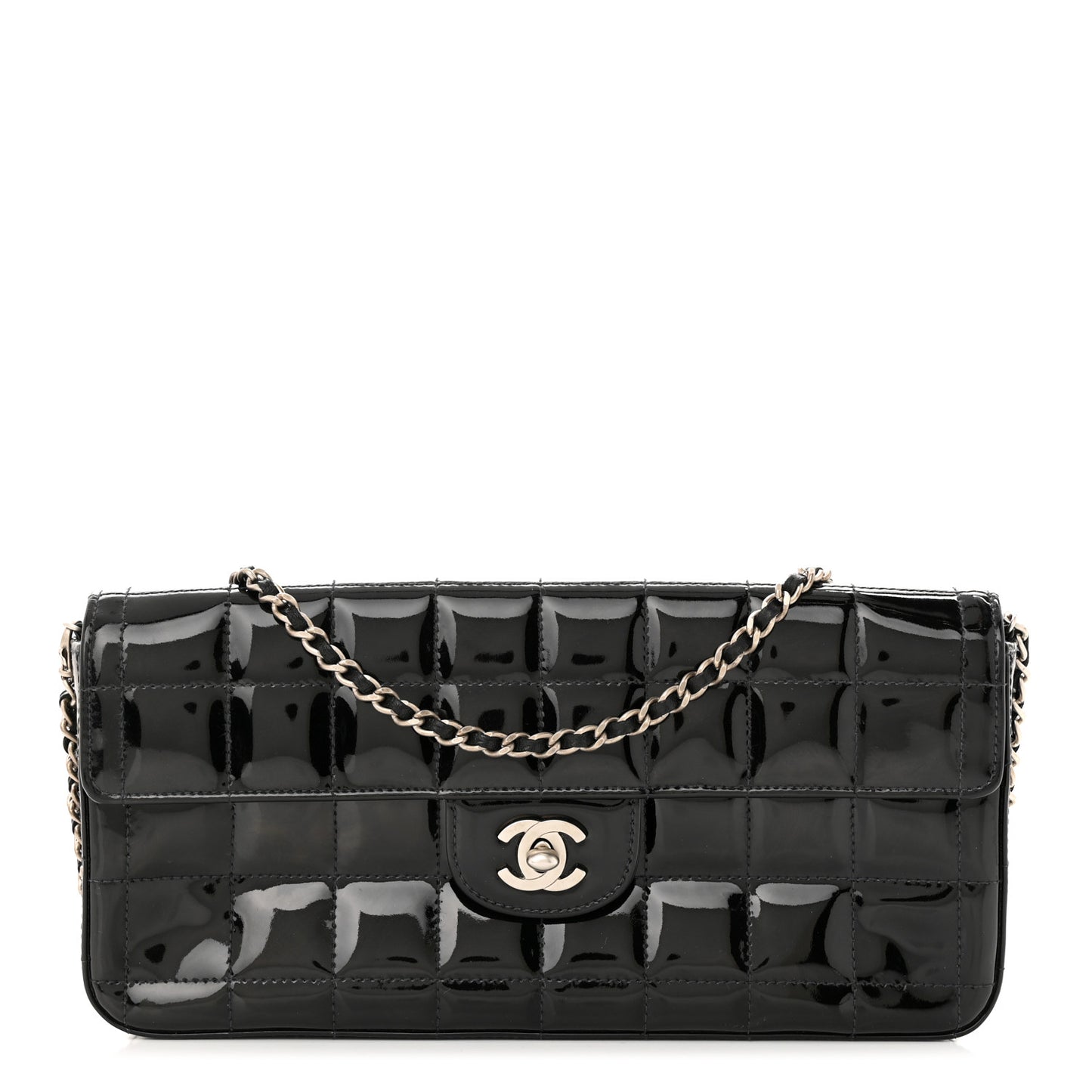 Patent Quilted East West Chocolate Bar Flap Black