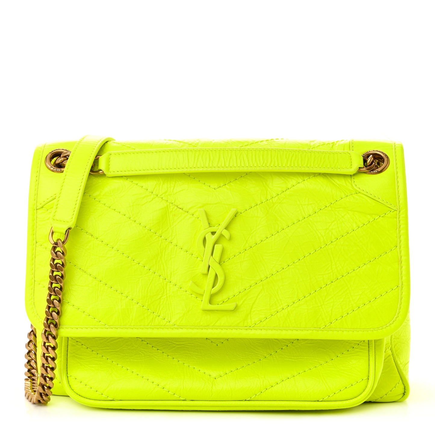 Crinkled Calfskin Matelasse Monogram Medium Niki Chain Satchel Neon Yellow