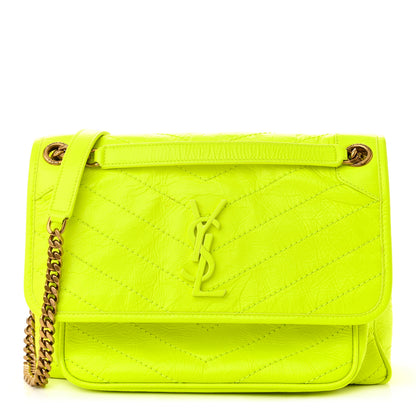 Saint Laurent Crinkled Calfskin Matelasse Monogram Medium Niki Chain Satchel Neon Yellow 1 of 12