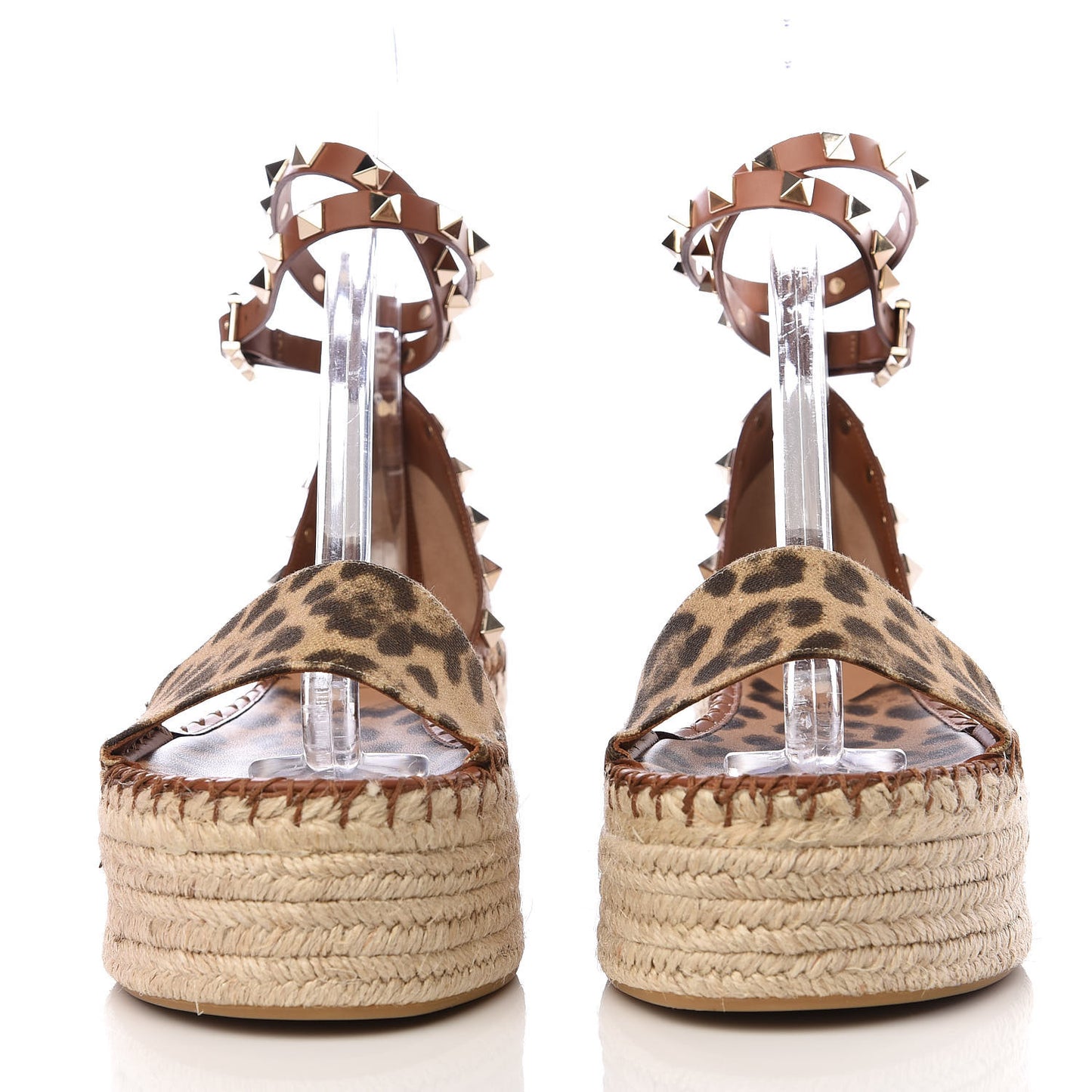 Canvas Leopard Print Rockstud Ankle Wrap Espadrille Flatform Sandals 36 Brown