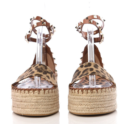 Valentino Garavani Canvas Leopard Print Rockstud Ankle Wrap Espadrille Flatform Sandals 36 Brown 3 of 11