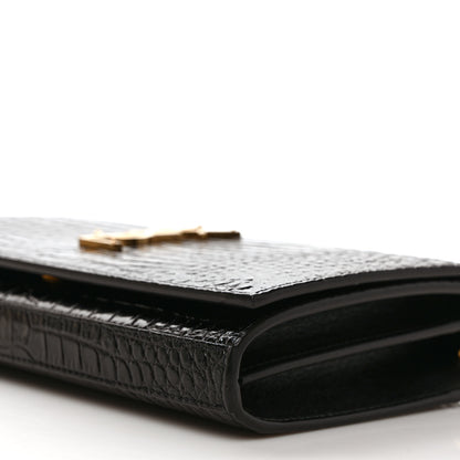 Saint Laurent Calfskin Crocodile Embossed Cassandre Wallet On Chain WOC Black 8 of 8