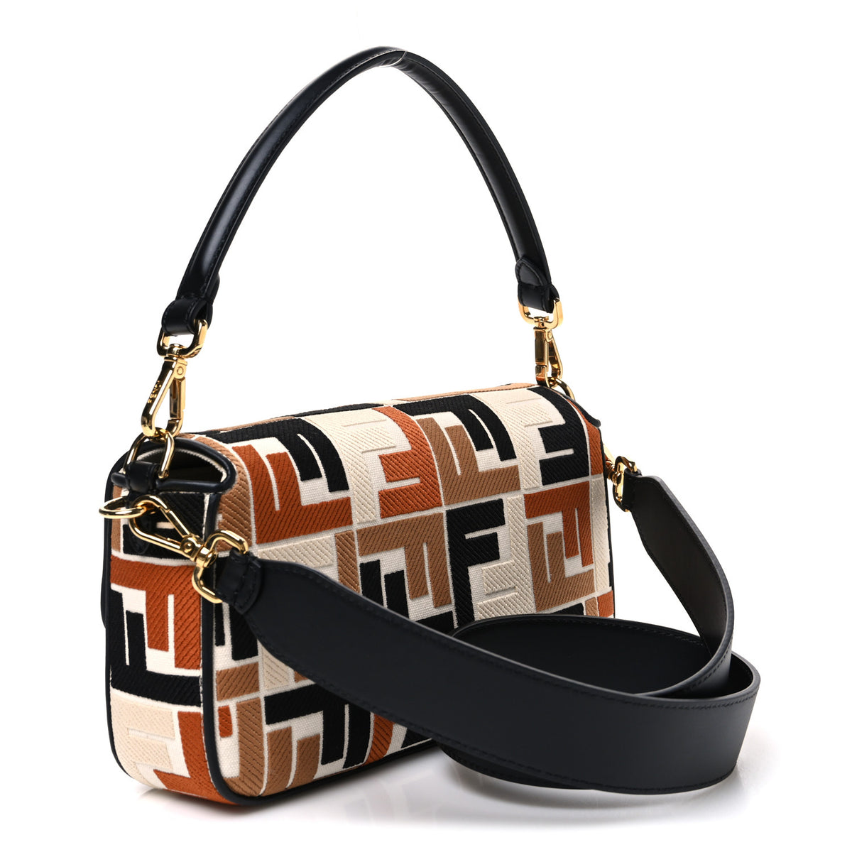 Canvas Vitello Seta FF Embroidered Baguette Brandy Black