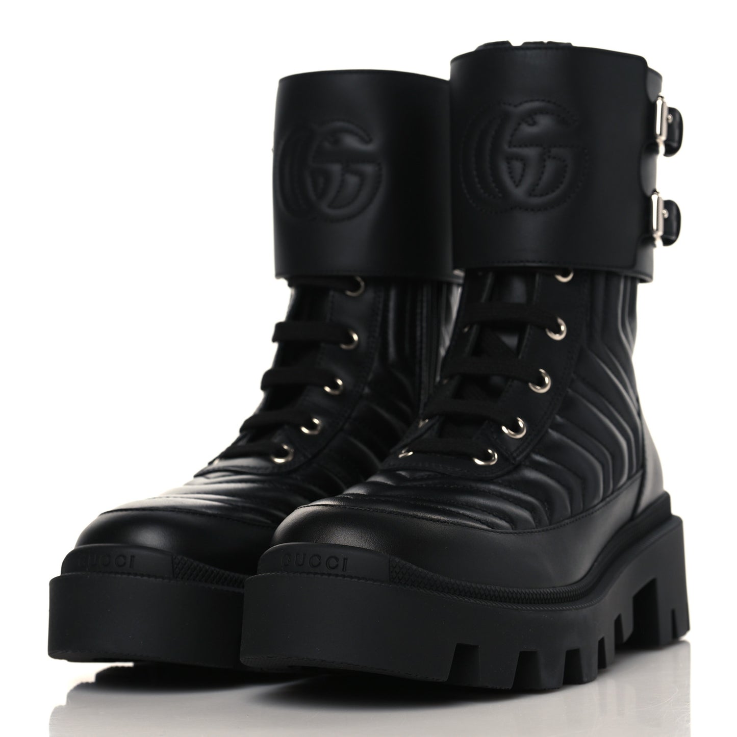 Nappa Frances GG Matelasse Platform Combat Boots 35 Black