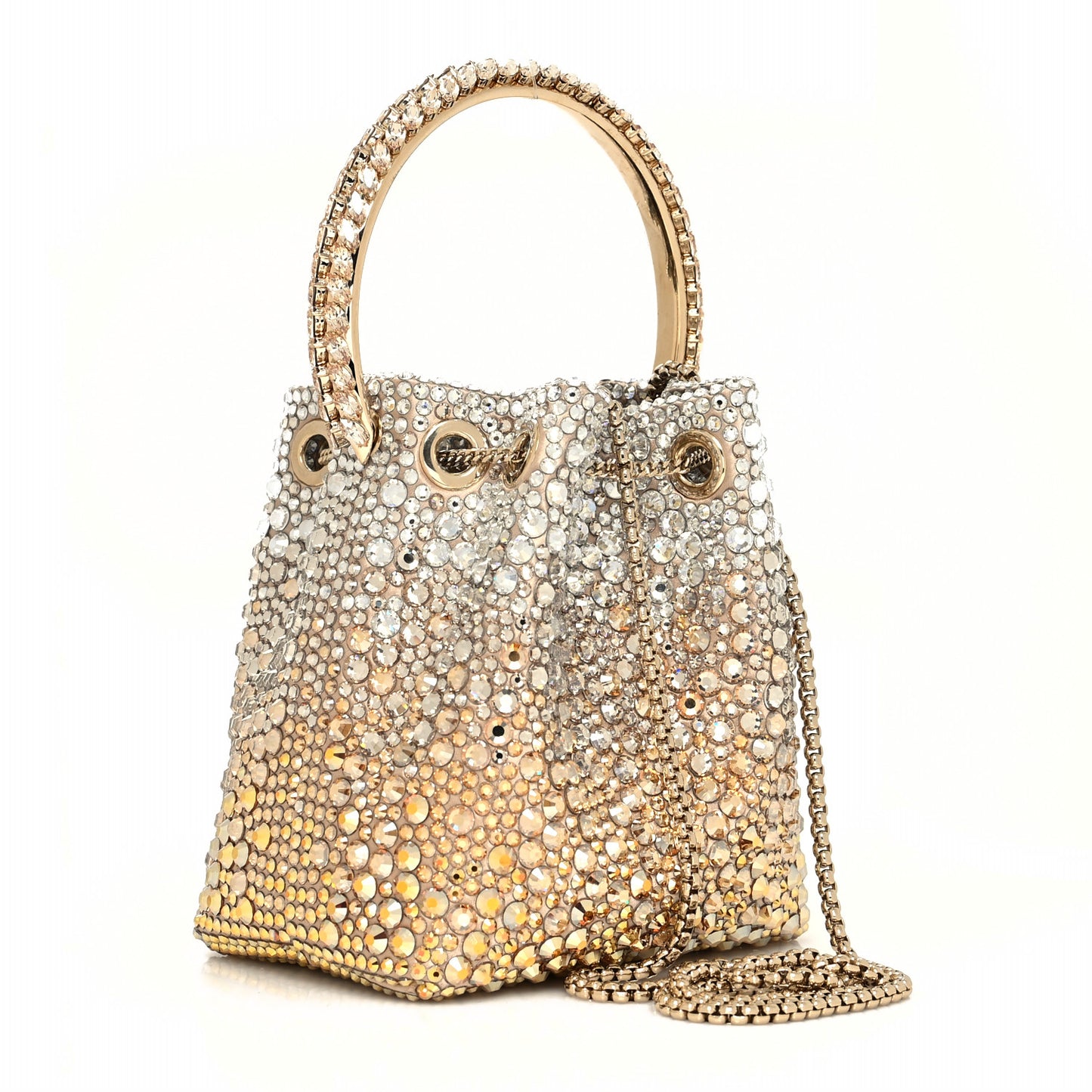 Satin Hotfix Crystal Embellished Bon Bon Bucket Bag Gold Silver