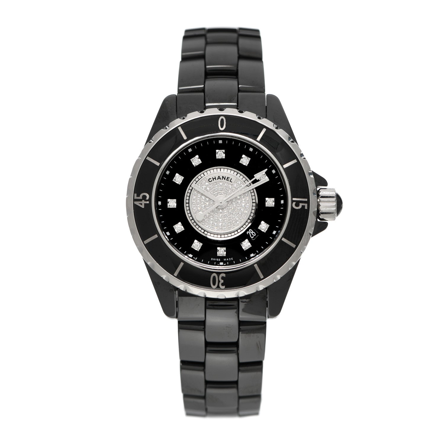 Chanel Stainless Steel Ceramic Diamond Dial 33mm J12 Quartz Watch Black 1 of 5