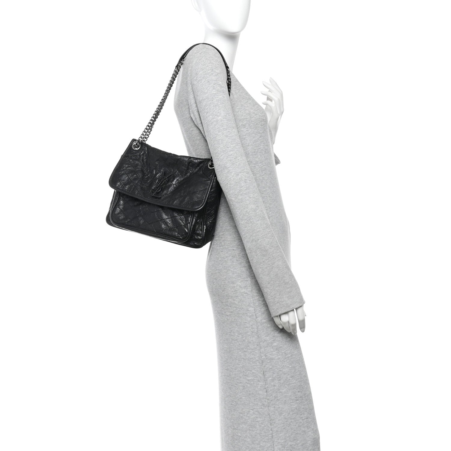 Saint Laurent Crinkled Calfskin Matelasse Monogram Medium Niki Chain Satchel Black 2 of 16