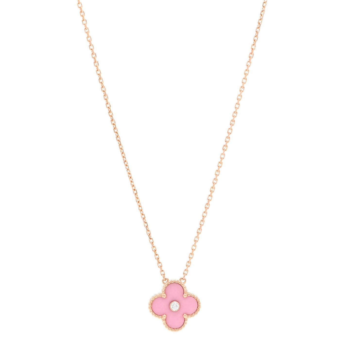 18K Rose Gold Diamond Pink Porcelain Vintage Alhambra Pendant Necklace