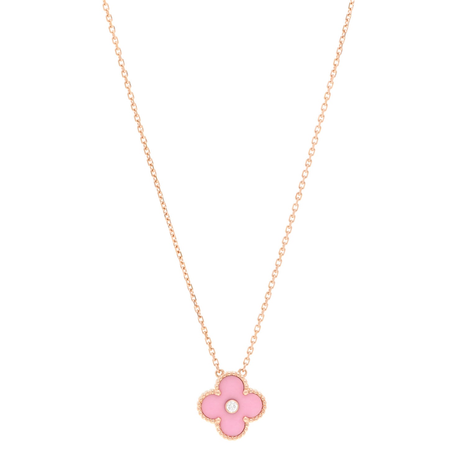 Van Cleef & Arpels 18K Rose Gold Diamond Pink Porcelain Vintage Alhambra Pendant Necklace 1 of 5