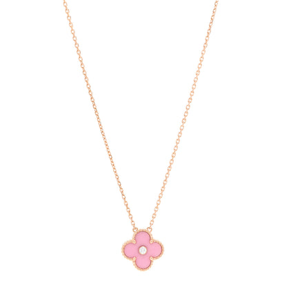 Van Cleef & Arpels 18K Rose Gold Diamond Pink Porcelain Vintage Alhambra Pendant Necklace 1 of 5