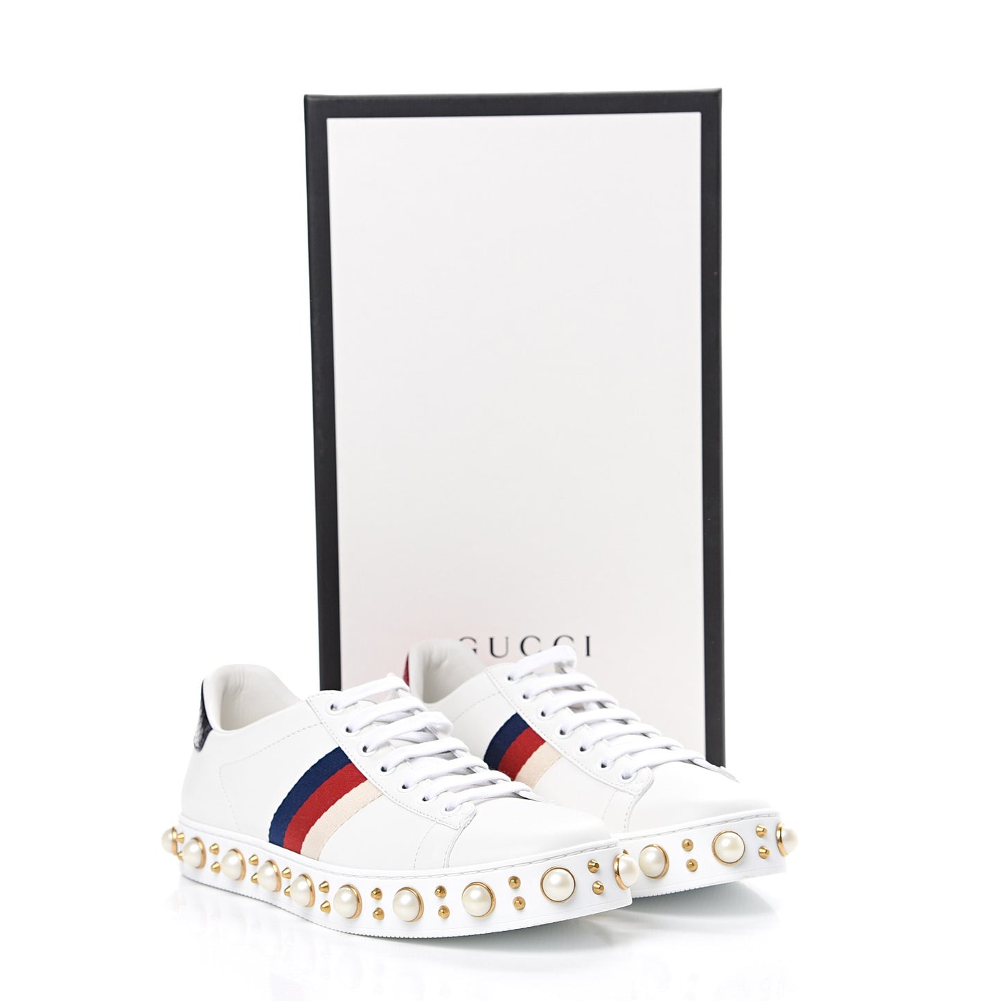 Calfskin Ayers Web Pearl Studded Womens Ace Sneakers 38.5 White
