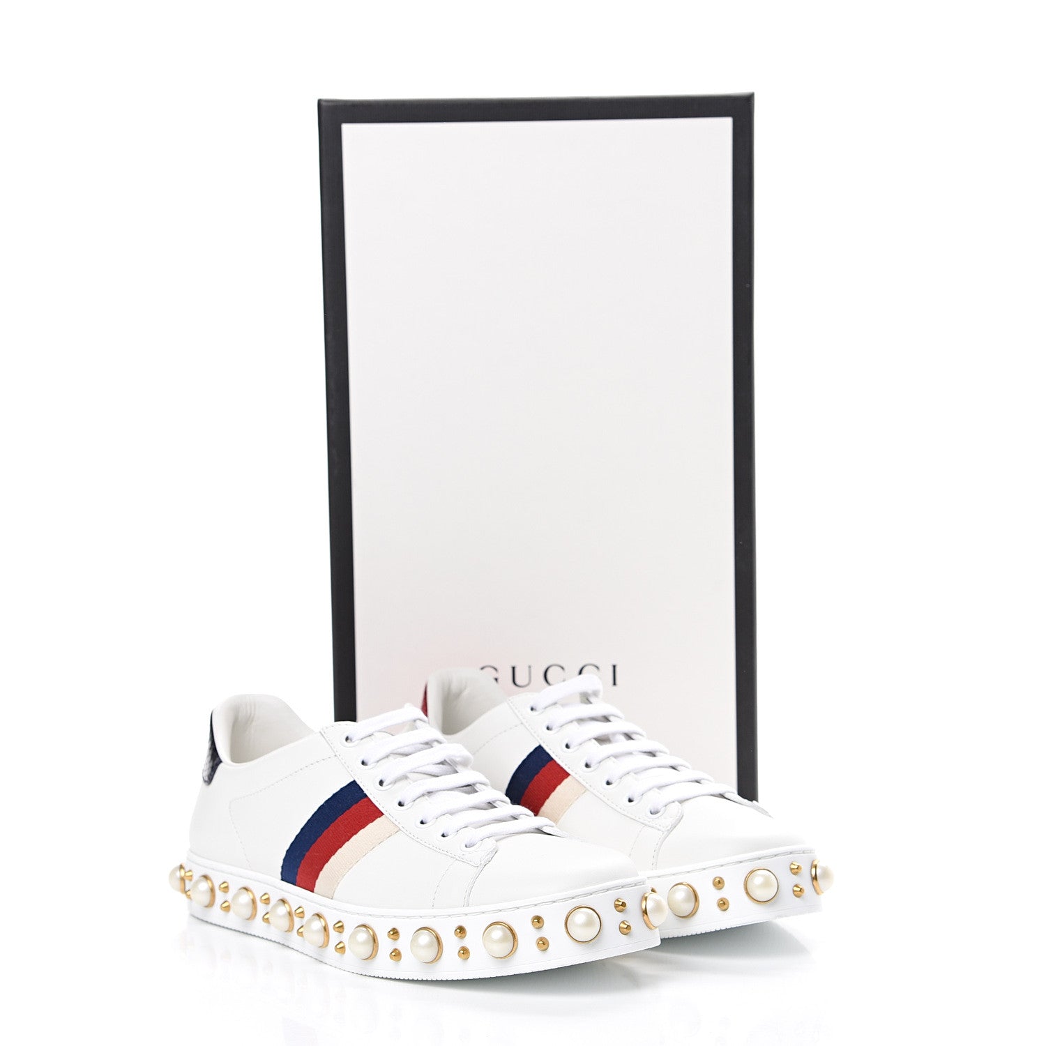 Gucci Calfskin Ayers Web Pearl Studded Womens Ace Sneakers 38.5 White 8 of 8