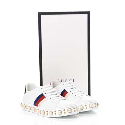 Gucci Calfskin Ayers Web Pearl Studded Womens Ace Sneakers 38.5 White 8 of 8