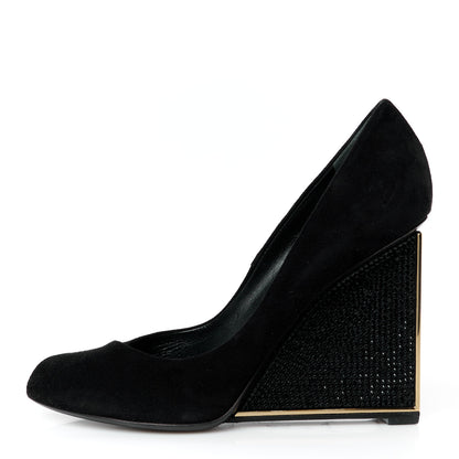 Louis Vuitton Suede Crystal Peep Toe Wedge 37 Black 1 of 8