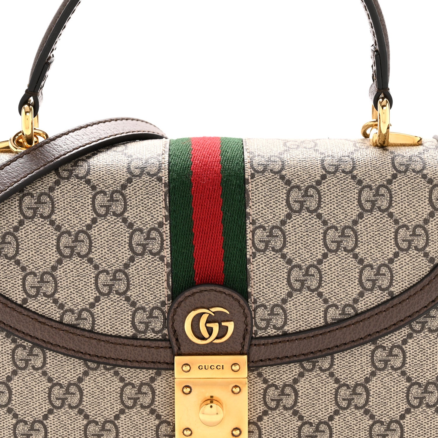 Gucci GG Supreme Monogram Textured Dollar Calfskin Web Small Ophidia Padlock Top Handle Bag Beige Ebony New Acero 8 of 10