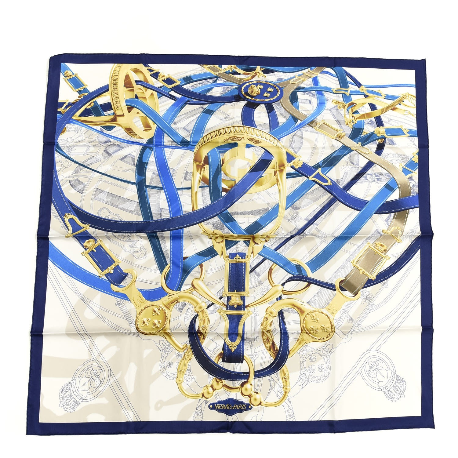 Hermes Silk Cavalcadour Voltigeur Scarf 90 Bleu Roy Creme Cobalt 1 of 4