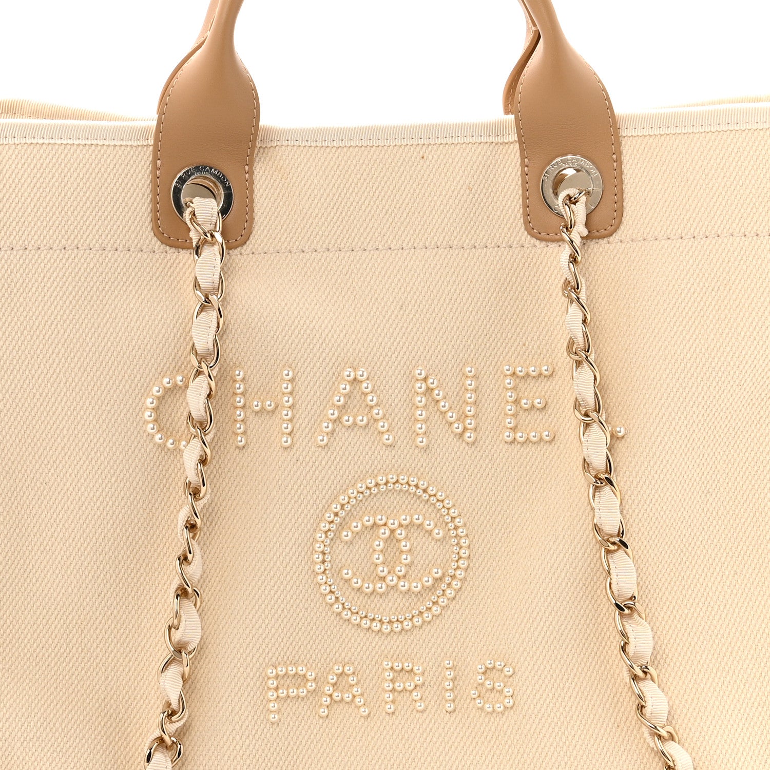 Chanel Canvas Pearl Medium Deauville Tote Ecru Beige 8 of 13