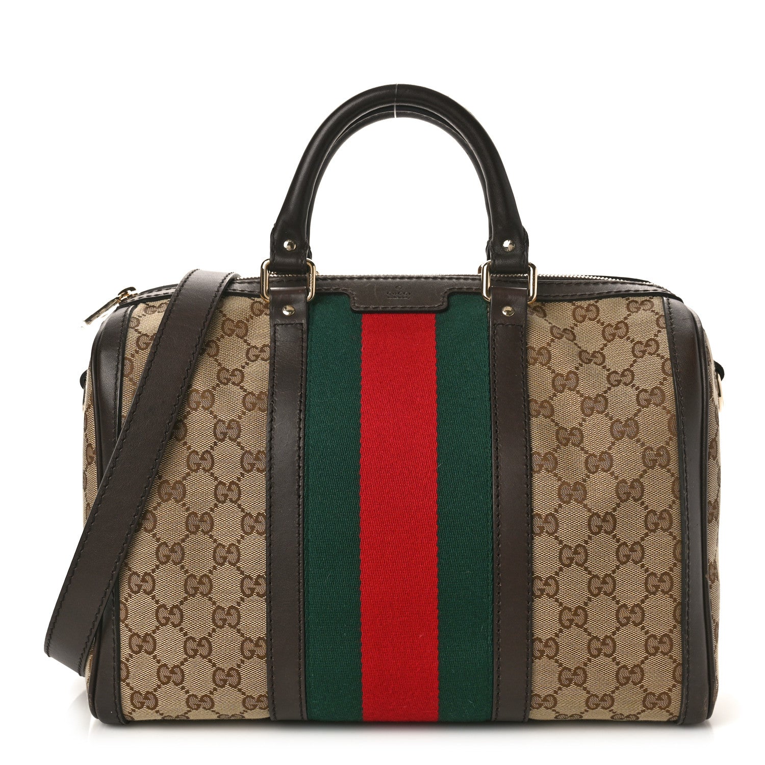 Gucci Monogram Selleria Calfskin Vintage Web Medium Boston Beige Ebony Cocoa 1 of 12