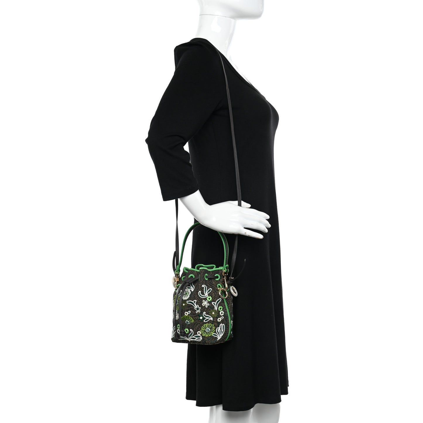 X SARAH COLEMAN Vitello Grace Fabric Jacquard FF Vertigo Fiori Embroidered Mini Mon Tresor Bucket Bag Tobacco