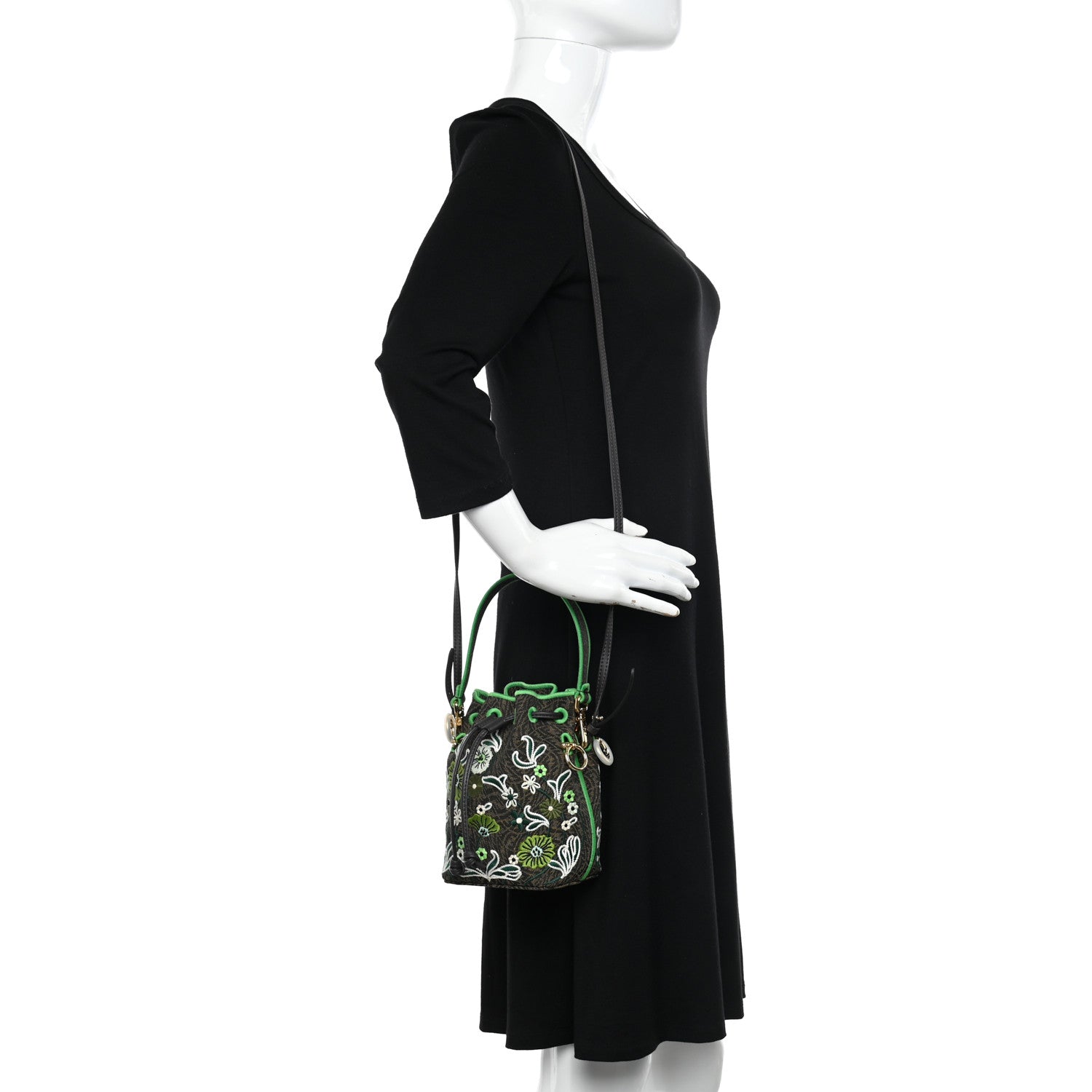 Fendi X SARAH COLEMAN Vitello Grace Fabric Jacquard FF Vertigo Fiori Embroidered Mini Mon Tresor Bucket Bag Tobacco 2 of 10