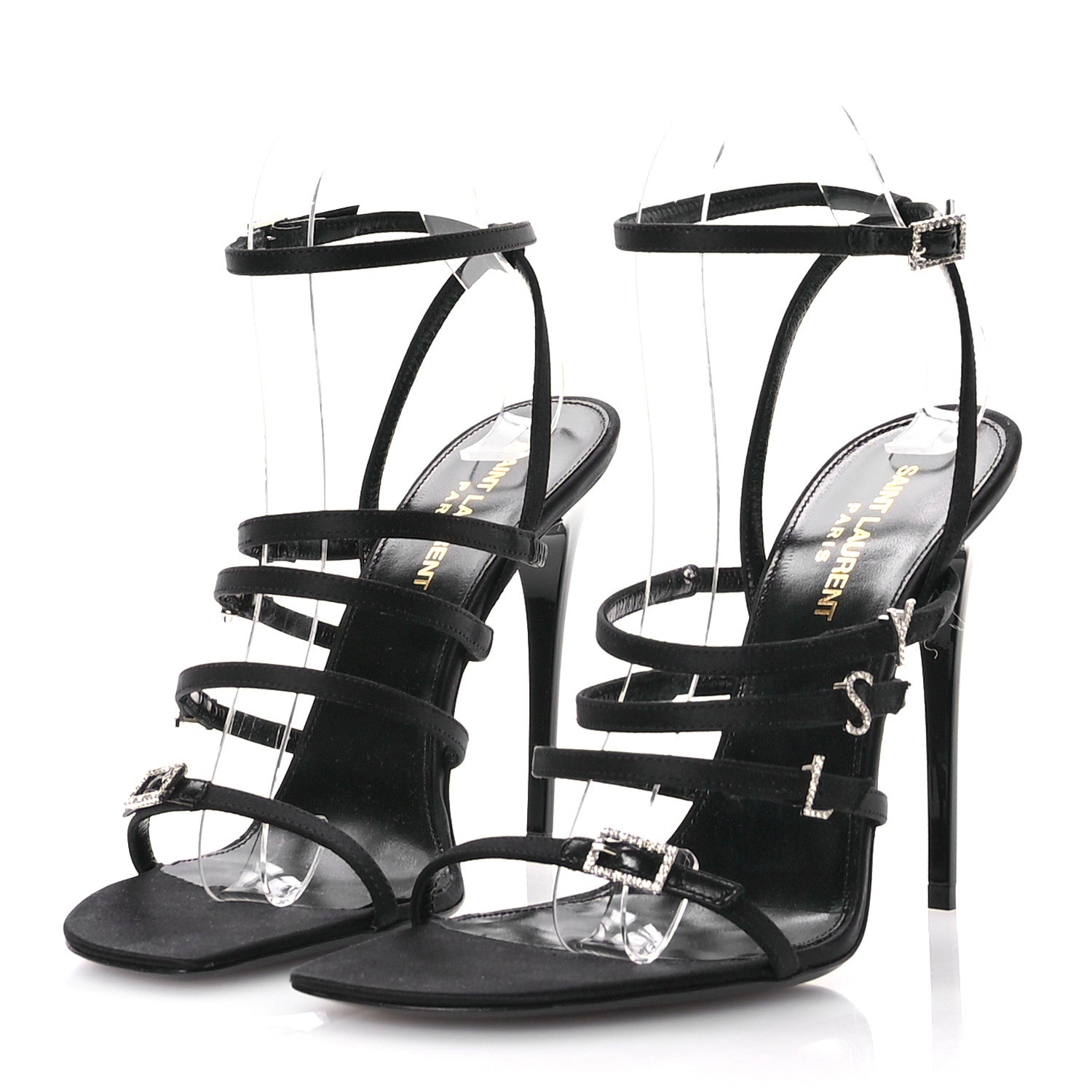 Saint Laurent Crepe Satin Crystal Logo Jerry 110 Ankle Strap Sandals 38.5 Black 4 of 8