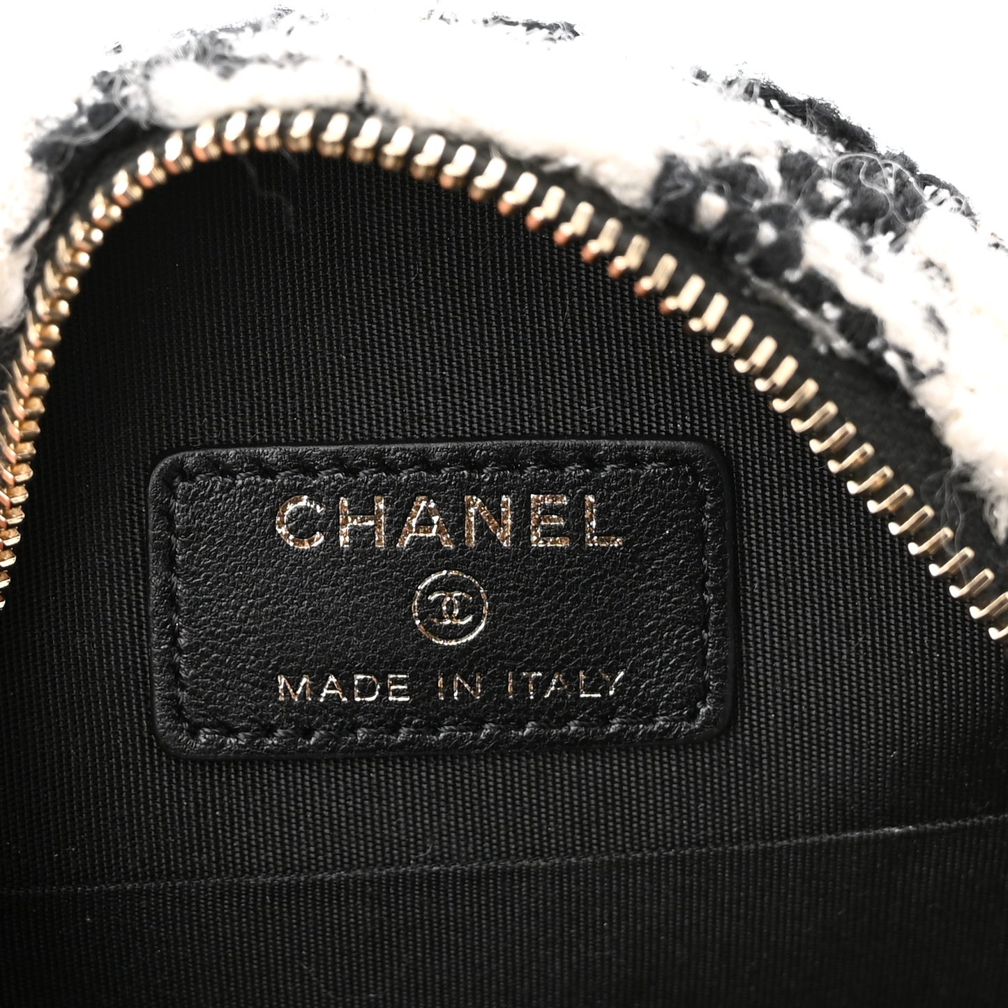 Wool Tweed Lambskin Quilted Chanel 19 Round Clutch With Chain and Coin Purse Black White