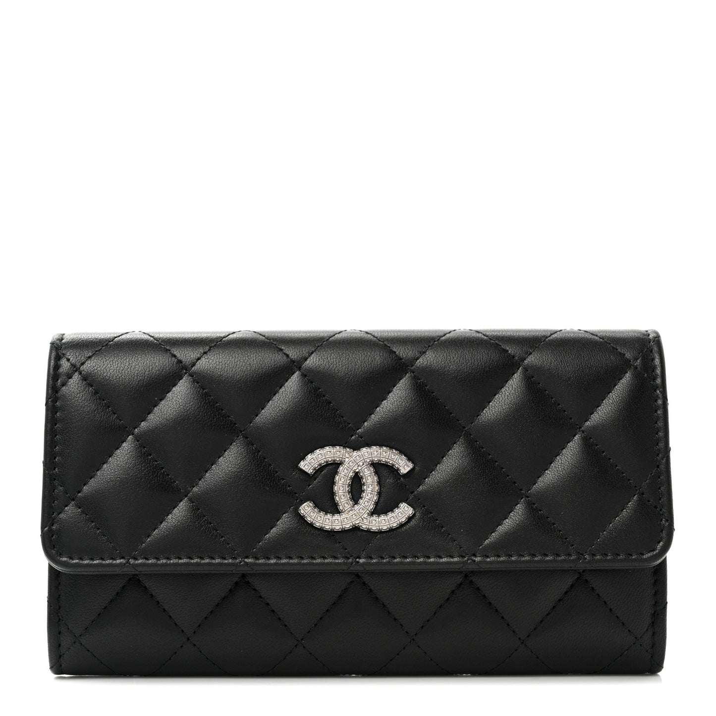 Lambskin Quilted Crystal CC Medium Flap Wallet Black