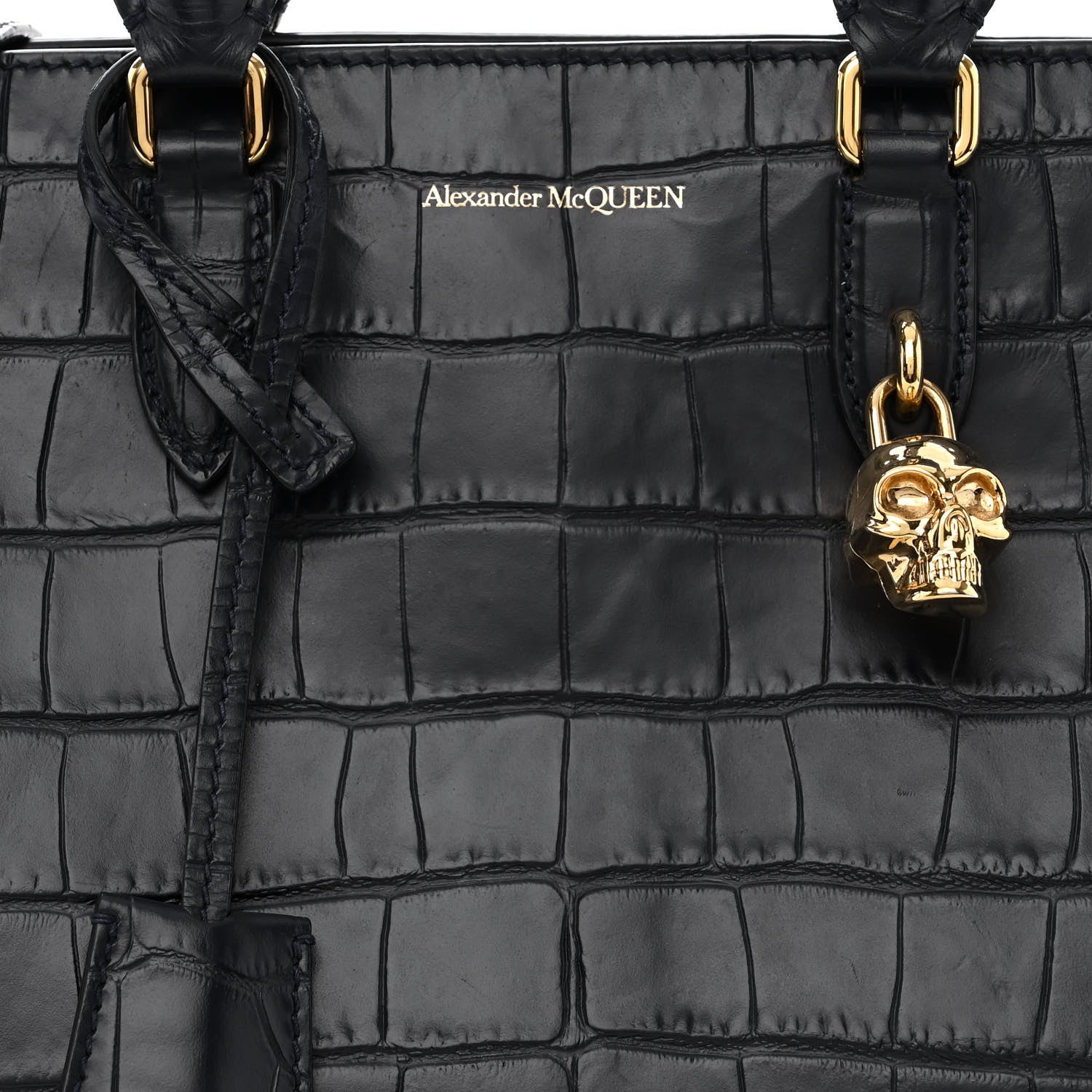 Alexander McQueen Calfskin Crocodile Embossed Small Skull Padlock Zip Around Tote Navy Blue 8 of 10